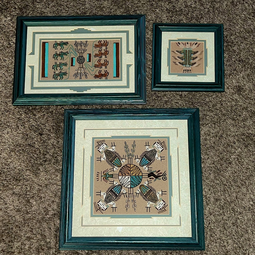 Vintage Teal and Tan Southwestern Framed Art Set
